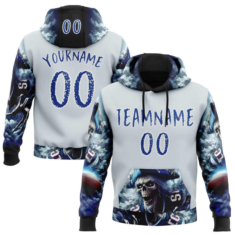 Custom Silver Royal-White 3D Skull Pirate Sports Pullover Sweatshirt Hoodie