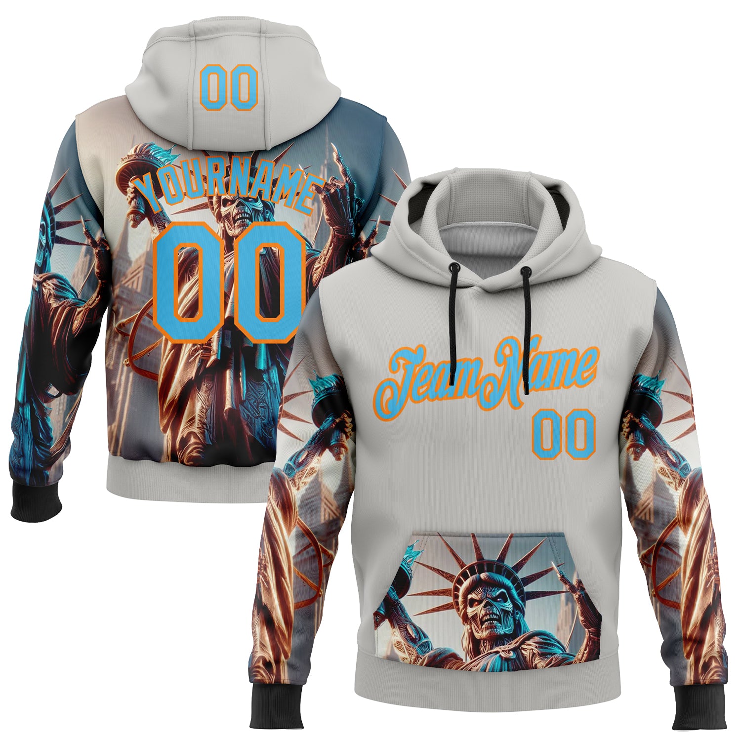 Custom Gray Sky Blue-Bay Orange 3D Skull Statue Of Liberty Sports Pullover Sweatshirt Hoodie