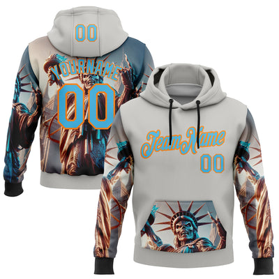 Custom Gray Sky Blue-Bay Orange 3D Skull Statue Of Liberty Sports Pullover Sweatshirt Hoodie