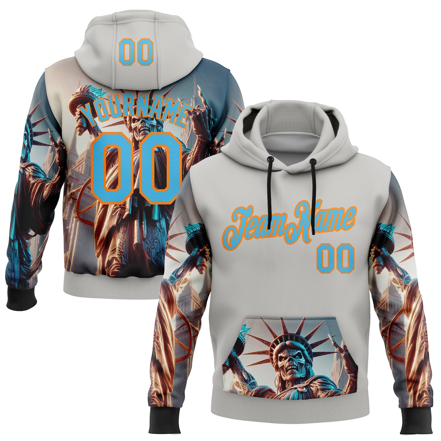 Custom Gray Sky Blue-Bay Orange 3D Skull Statue Of Liberty Sports Pullover Sweatshirt Hoodie