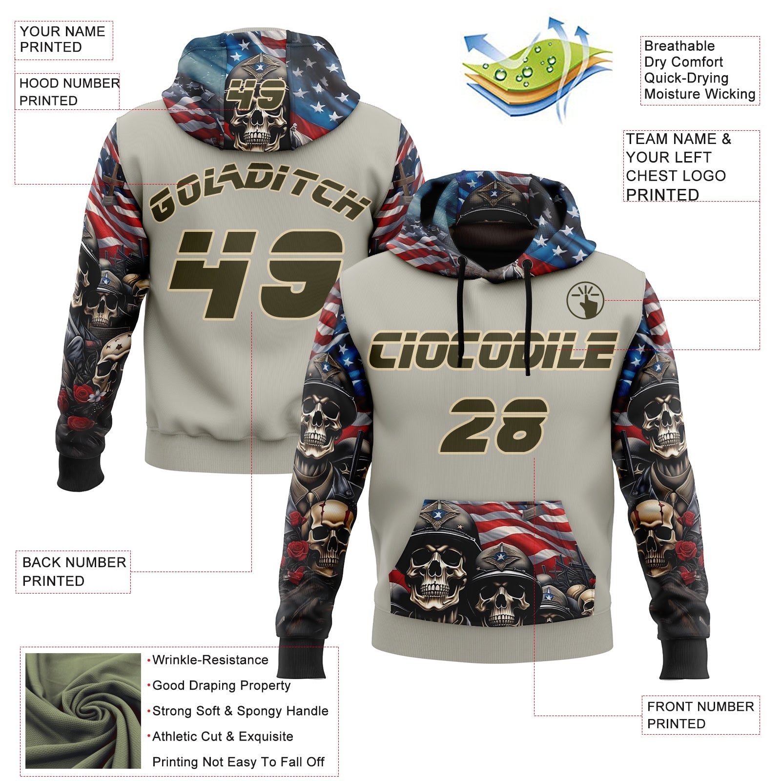Custom Gray Olive-City Cream 3D Skull American Flag Inspired Veterans Sports Pullover Sweatshirt Hoodie