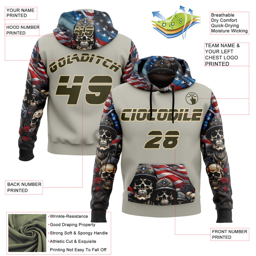 Custom Gray Olive-City Cream 3D Skull American Flag Inspired Veterans Sports Pullover Sweatshirt Hoodie