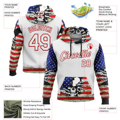 Custom White Red 3D Skull American Flag Grunge Art Sports Pullover Sweatshirt Hoodie