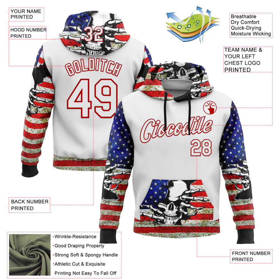 Custom White Red 3D Skull American Flag Grunge Art Sports Pullover Sweatshirt Hoodie