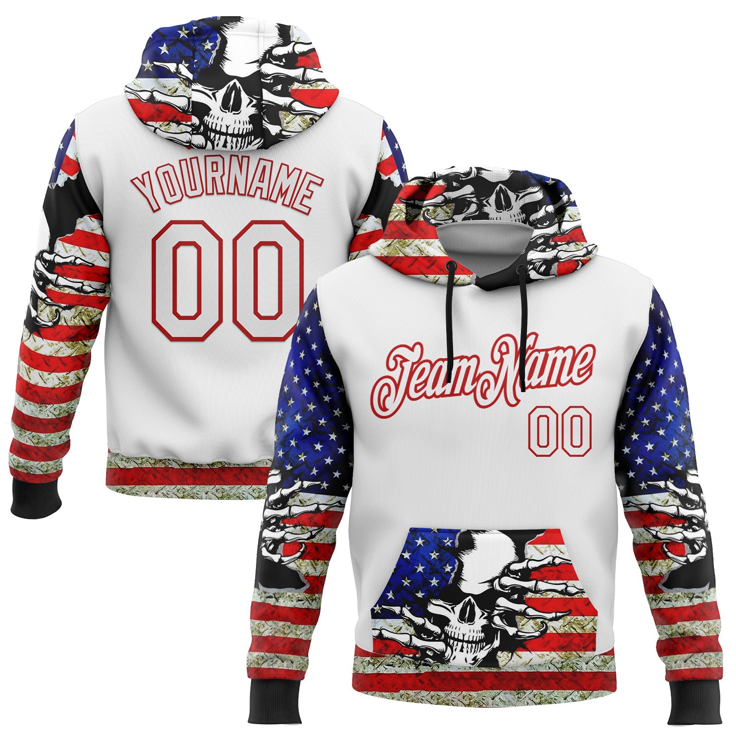 Custom White Red 3D Skull American Flag Grunge Art Sports Pullover Sweatshirt Hoodie