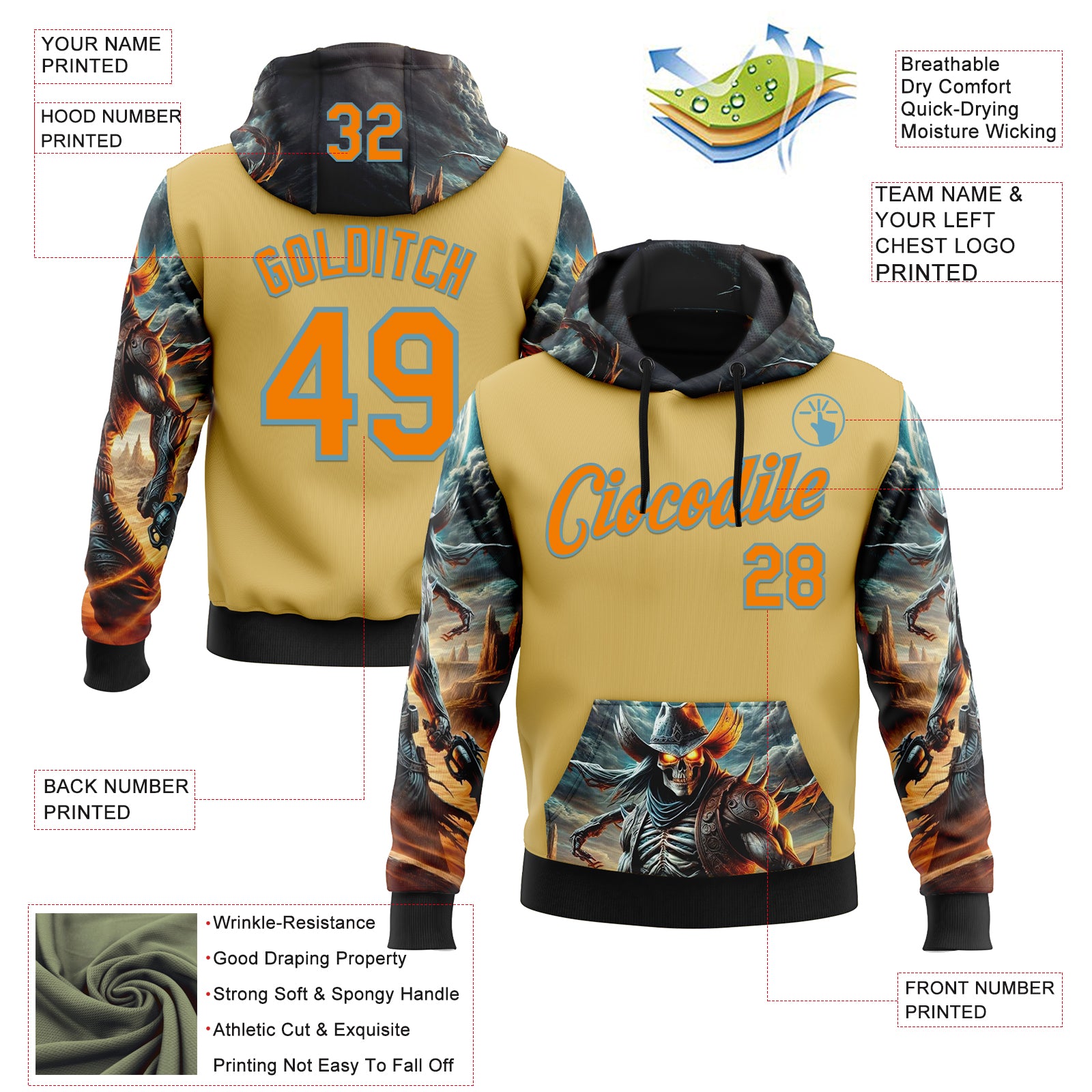 Custom Yellow Bay Orange-Shadow Blue 3D Skull Sports Pullover Sweatshirt Hoodie