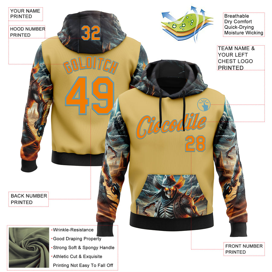 Custom Yellow Bay Orange-Shadow Blue 3D Skull Sports Pullover Sweatshirt Hoodie