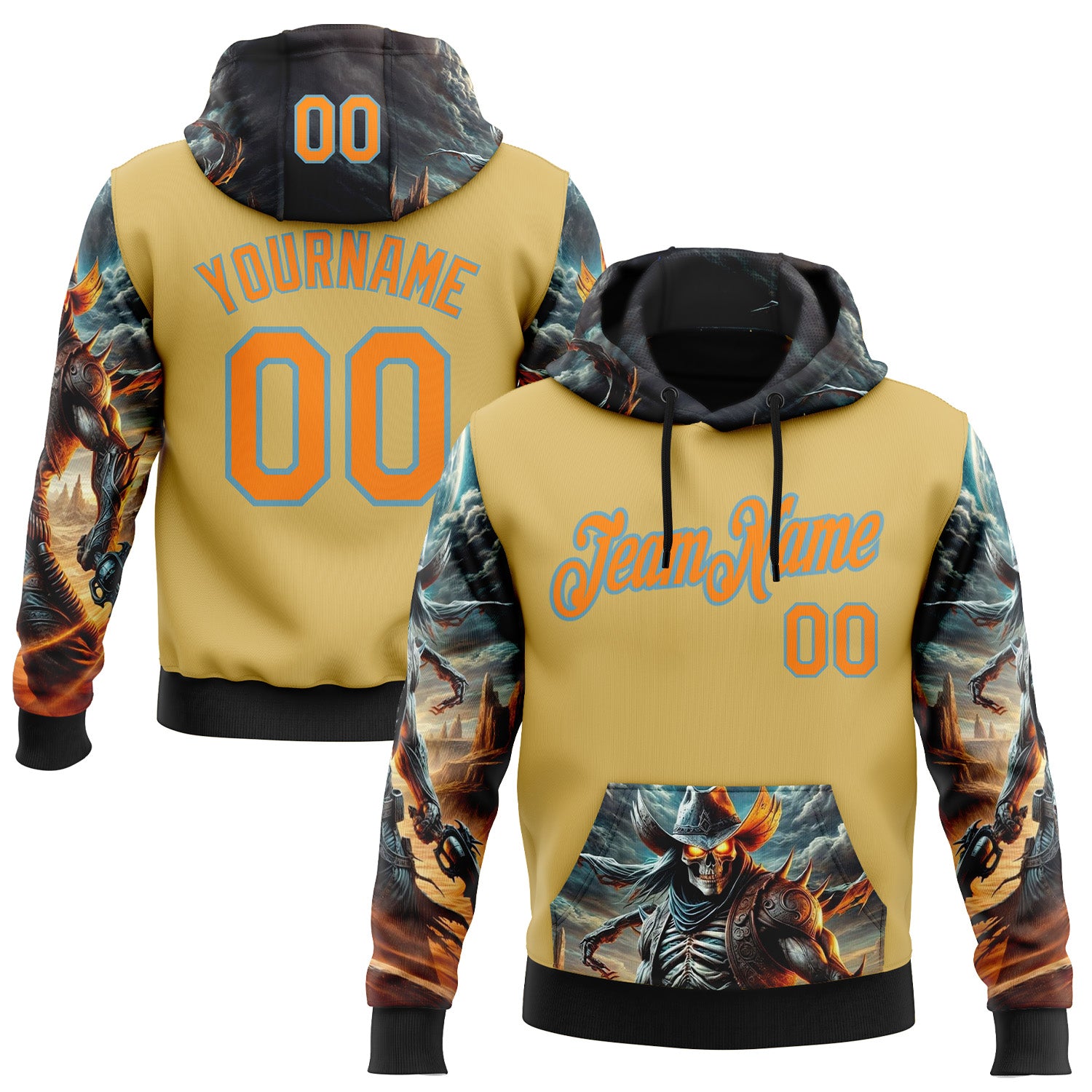 Custom Yellow Bay Orange-Shadow Blue 3D Skull Sports Pullover Sweatshirt Hoodie