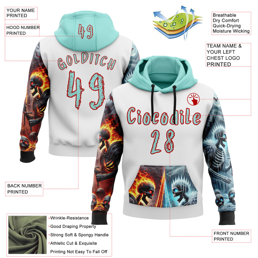 Custom White Ice Blue-Red 3D Skull Flame VS Ice Sports Pullover Sweatshirt Hoodie