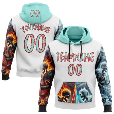 Custom White Ice Blue-Red 3D Skull Flame VS Ice Sports Pullover Sweatshirt Hoodie
