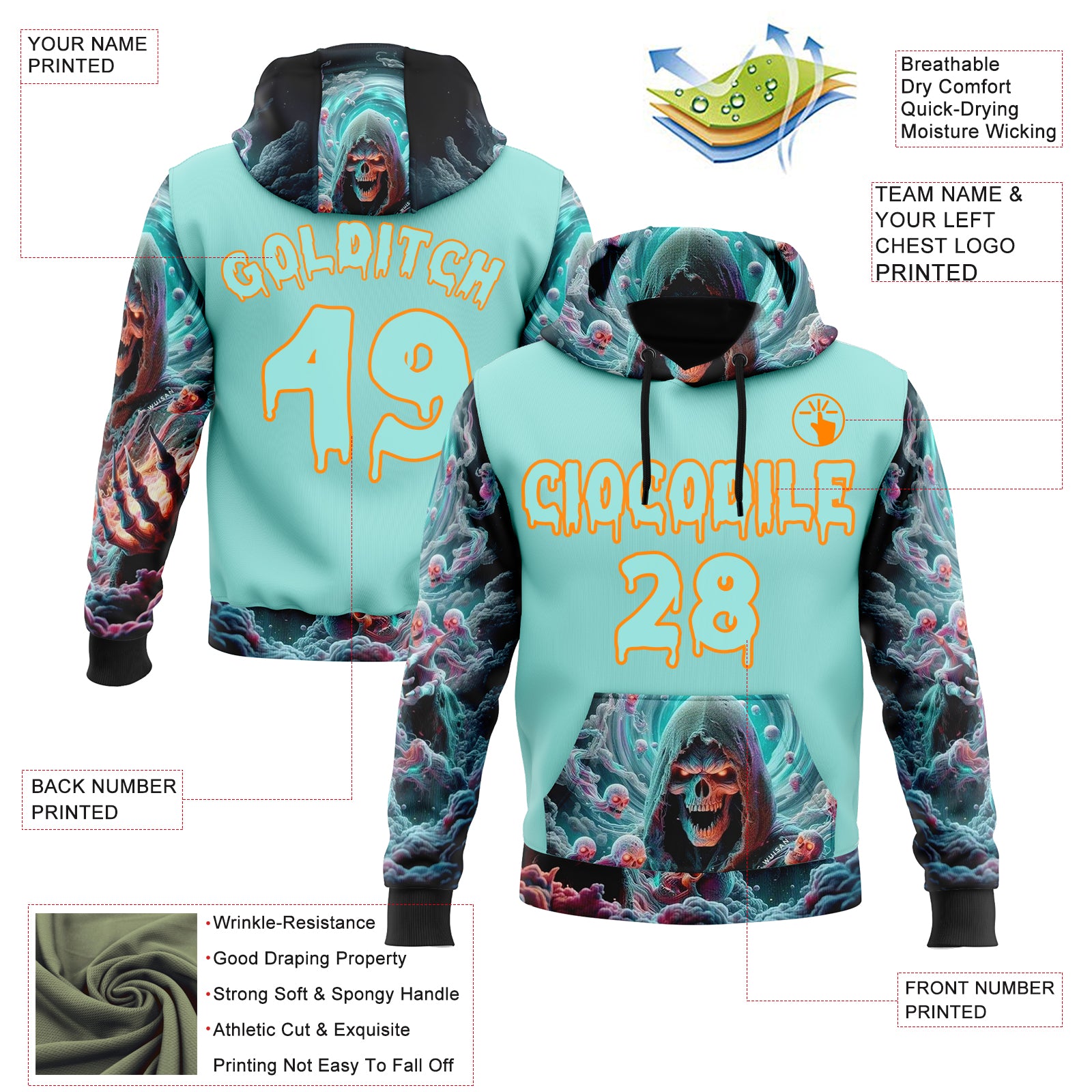 Custom Ice Blue Bay Orange 3D Skull Sports Pullover Sweatshirt Hoodie