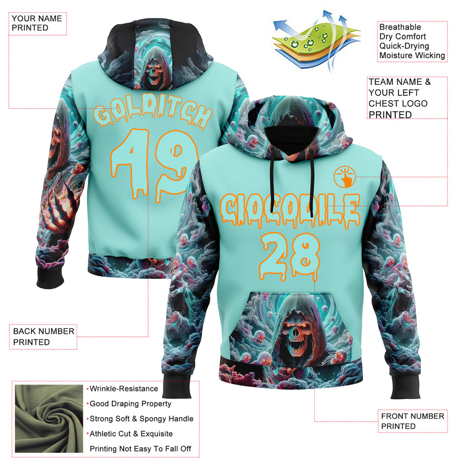 Custom Ice Blue Bay Orange 3D Skull Sports Pullover Sweatshirt Hoodie