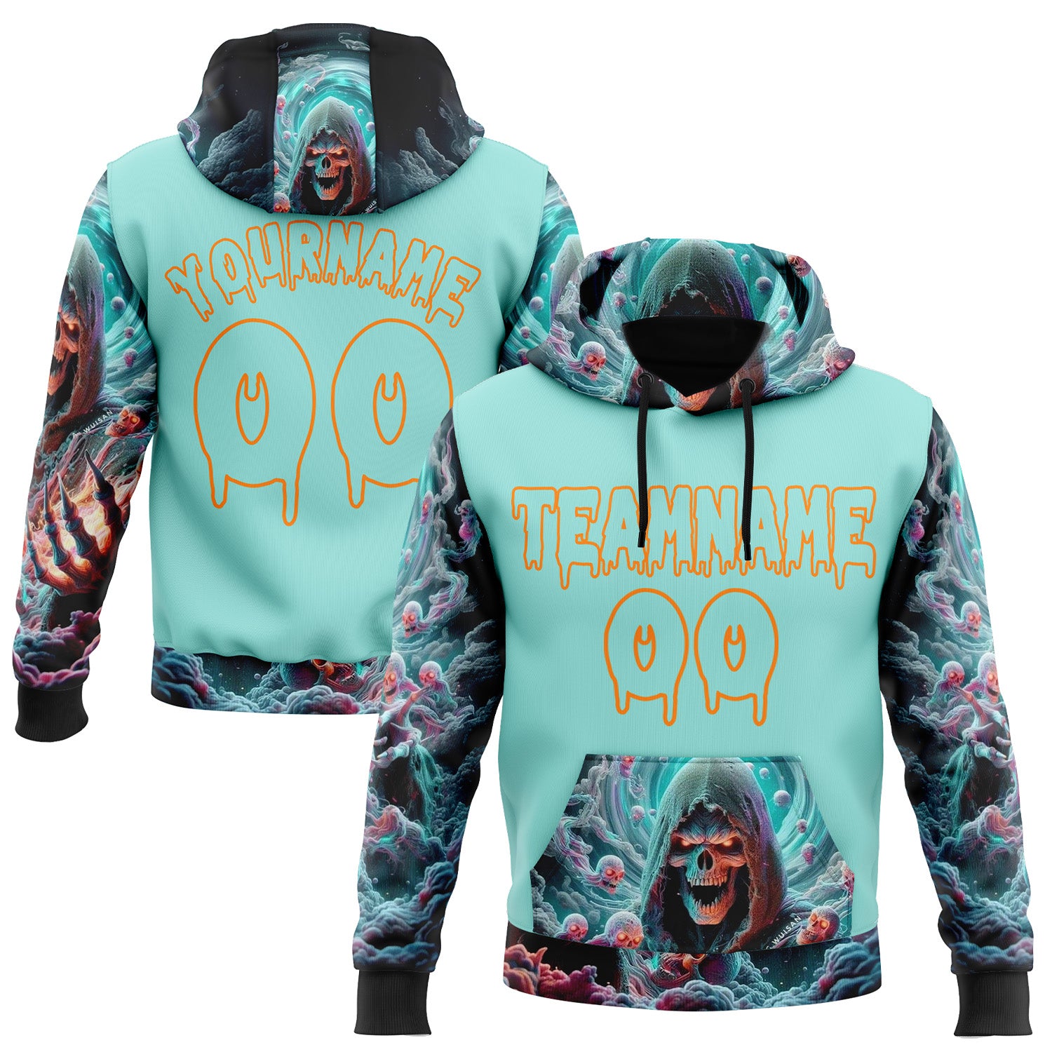 Custom Ice Blue Bay Orange 3D Skull Sports Pullover Sweatshirt Hoodie