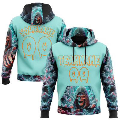 Custom Ice Blue Bay Orange 3D Skull Sports Pullover Sweatshirt Hoodie