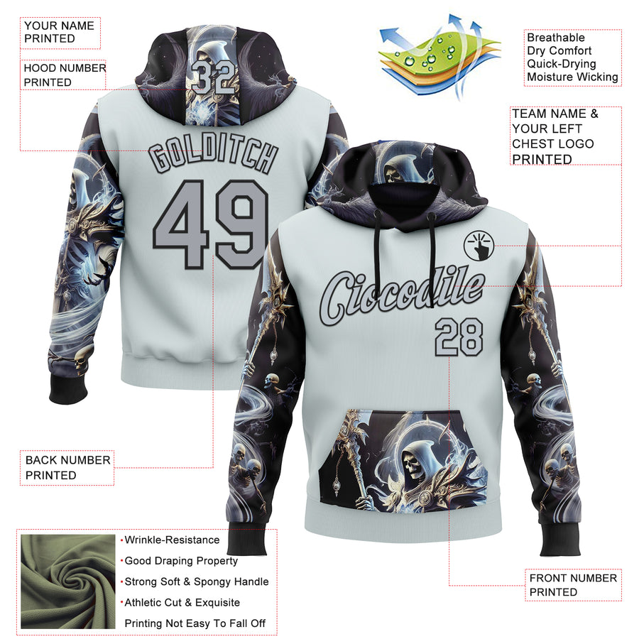 Custom Gray Silver-Black 3D Skull Sports Pullover Sweatshirt Hoodie