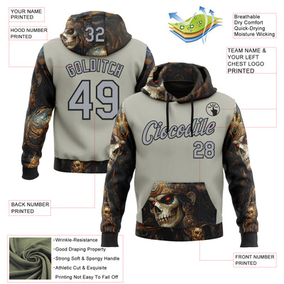 Custom Gray Black 3D Skull Sports Pullover Sweatshirt Hoodie