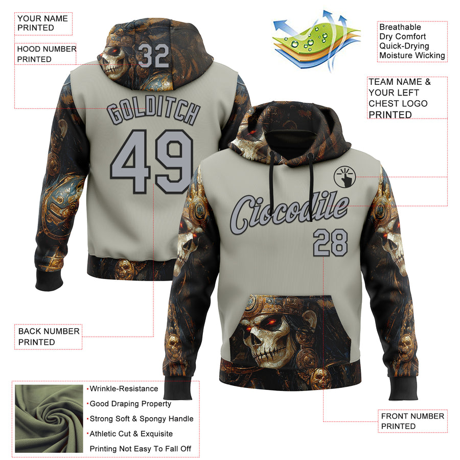 Custom Gray Black 3D Skull Sports Pullover Sweatshirt Hoodie