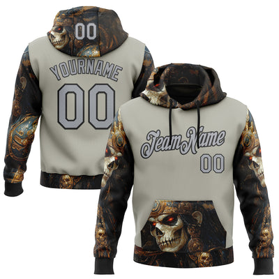 Custom Gray Black 3D Skull Sports Pullover Sweatshirt Hoodie