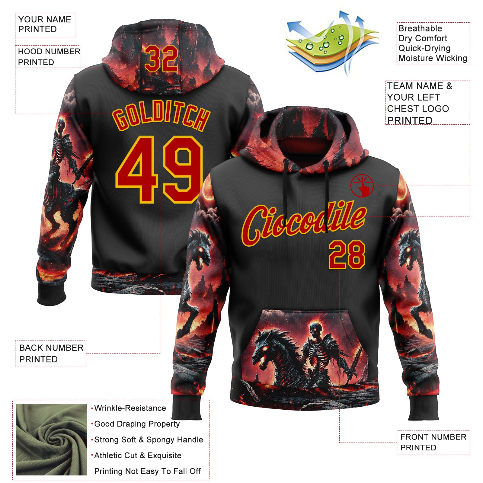 Custom Black Red-Yellow 3D Skull Flame Knight Sports Pullover Sweatshirt Hoodie