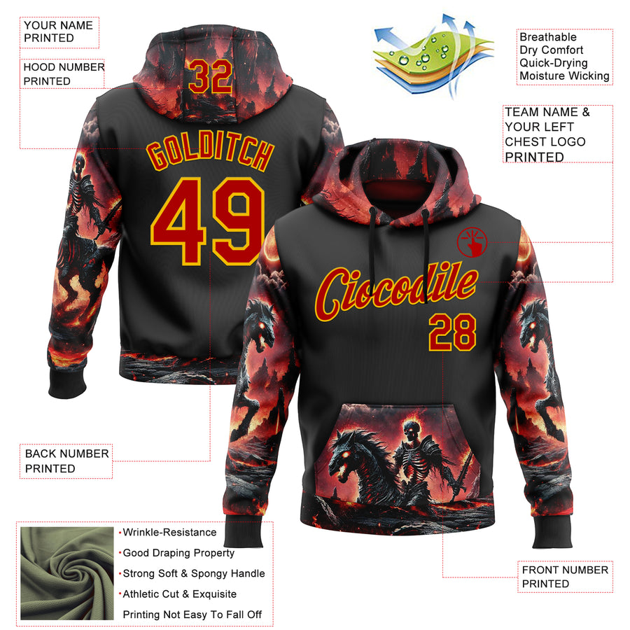 Custom Black Red-Yellow 3D Skull Flame Knight Sports Pullover Sweatshirt Hoodie