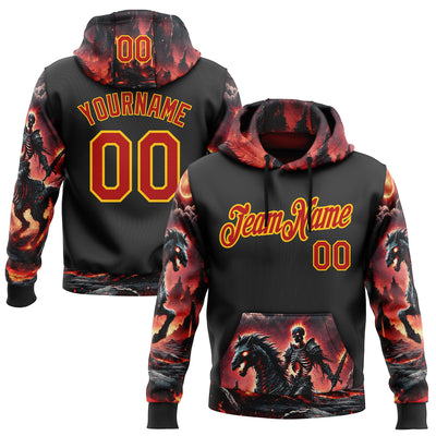 Custom Black Red-Yellow 3D Skull Flame Knight Sports Pullover Sweatshirt Hoodie