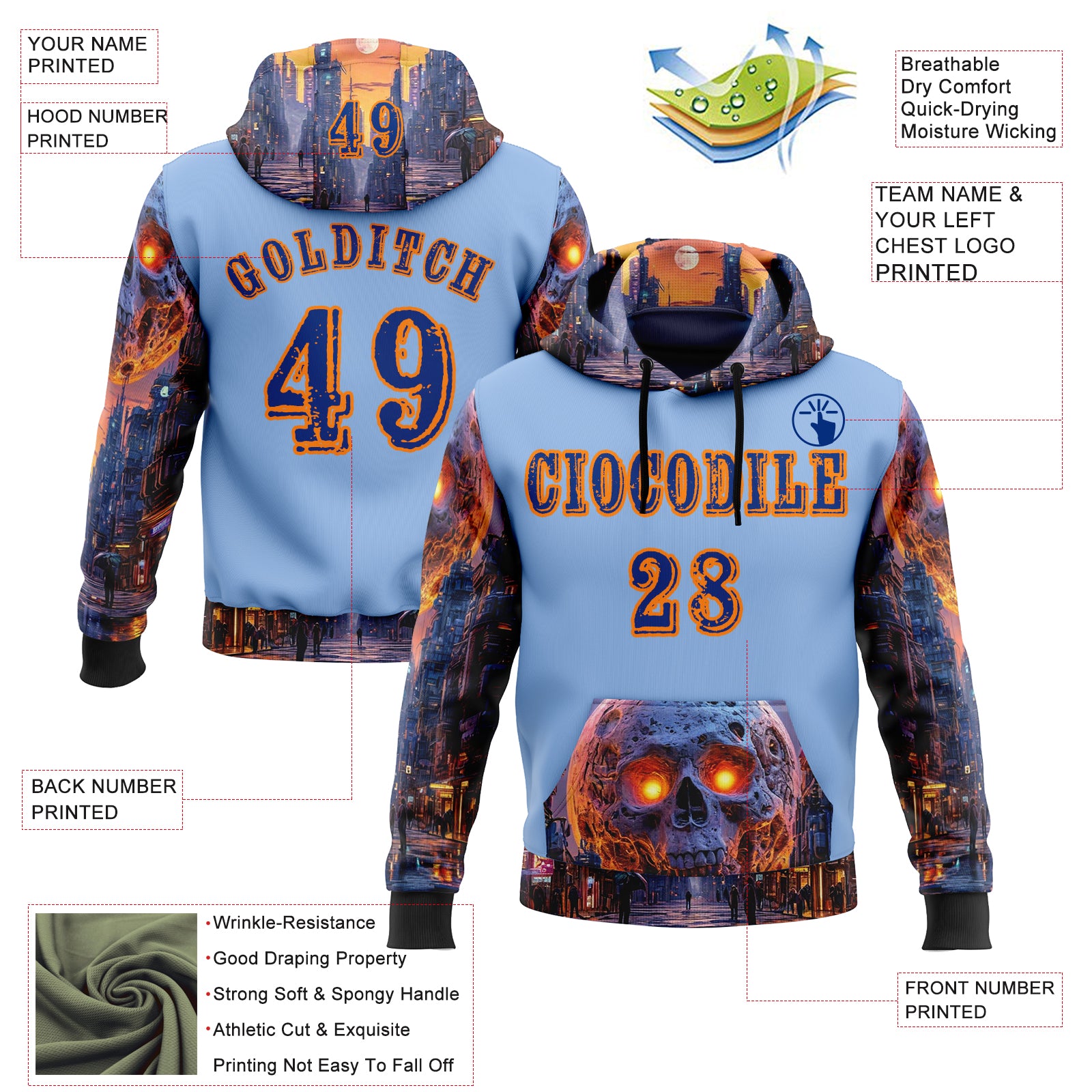 Custom Light Blue Royal-Bay Orange 3D Skull Nightmare Sports Pullover Sweatshirt Hoodie