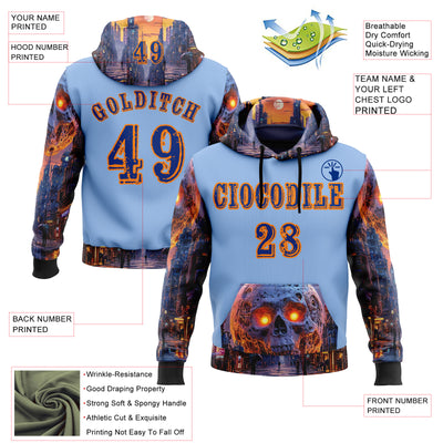 Custom Light Blue Royal-Bay Orange 3D Skull Nightmare Sports Pullover Sweatshirt Hoodie