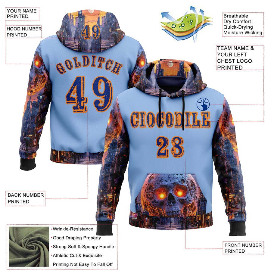 Custom Light Blue Royal-Bay Orange 3D Skull Nightmare Sports Pullover Sweatshirt Hoodie