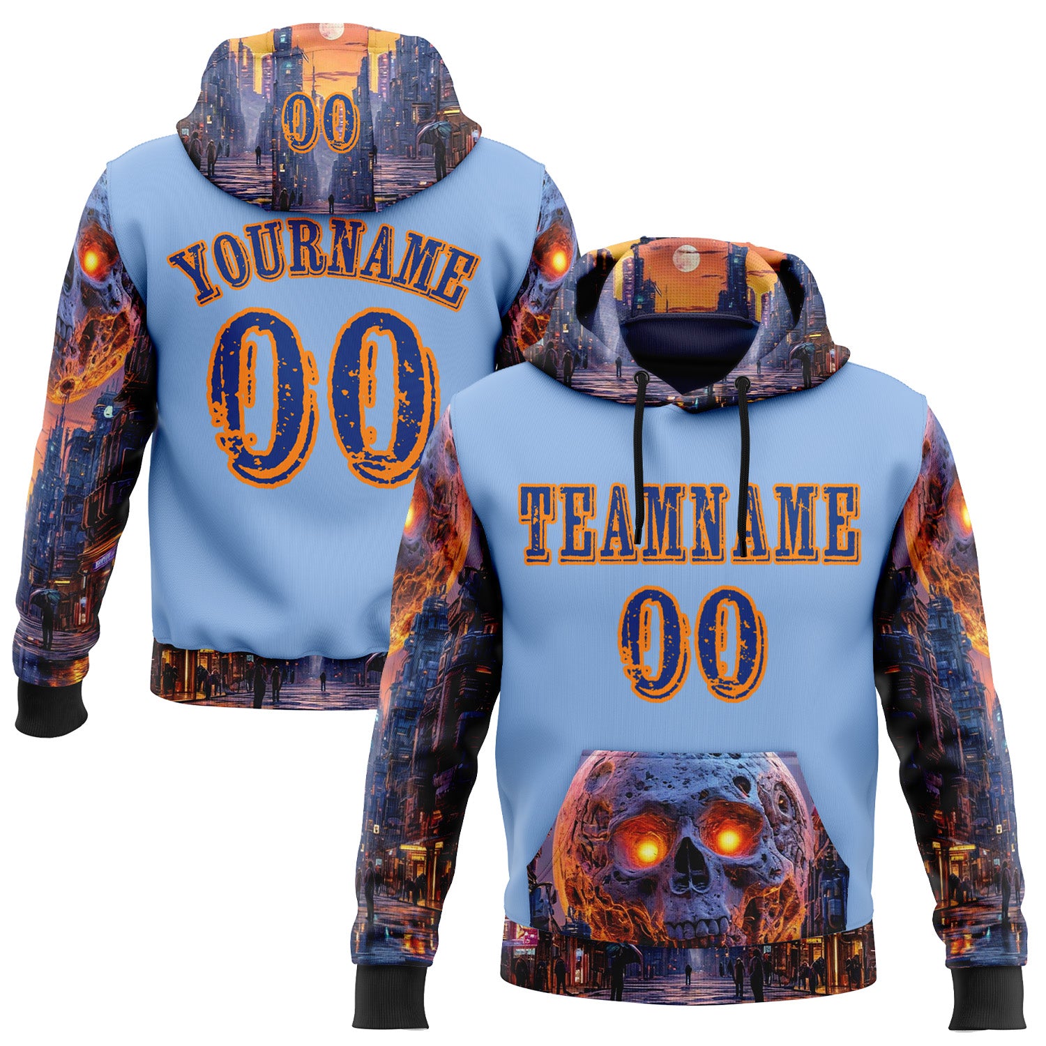 Custom Light Blue Royal-Bay Orange 3D Skull Nightmare Sports Pullover Sweatshirt Hoodie