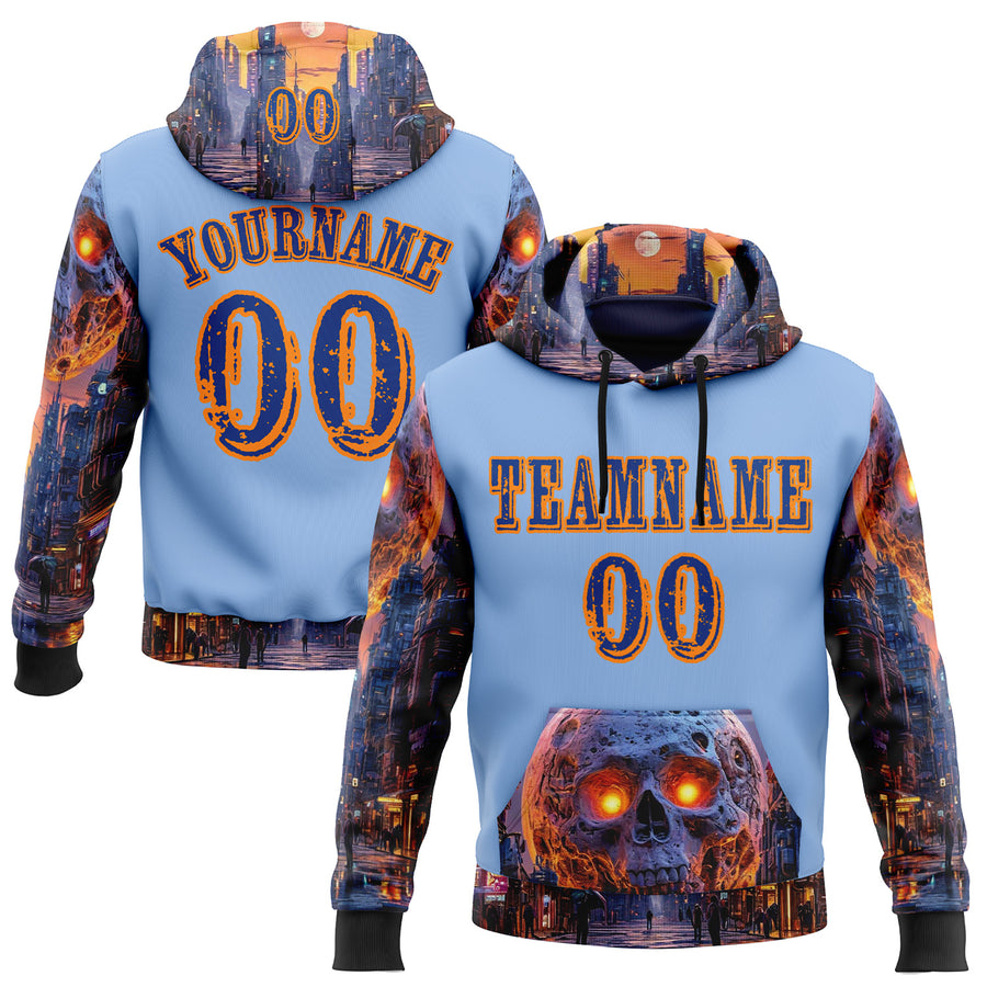 Custom Light Blue Royal-Bay Orange 3D Skull Nightmare Sports Pullover Sweatshirt Hoodie