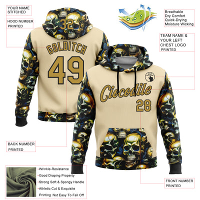 Custom City Cream Old Gold-Black 3D Skull Metal Sports Pullover Sweatshirt Hoodie