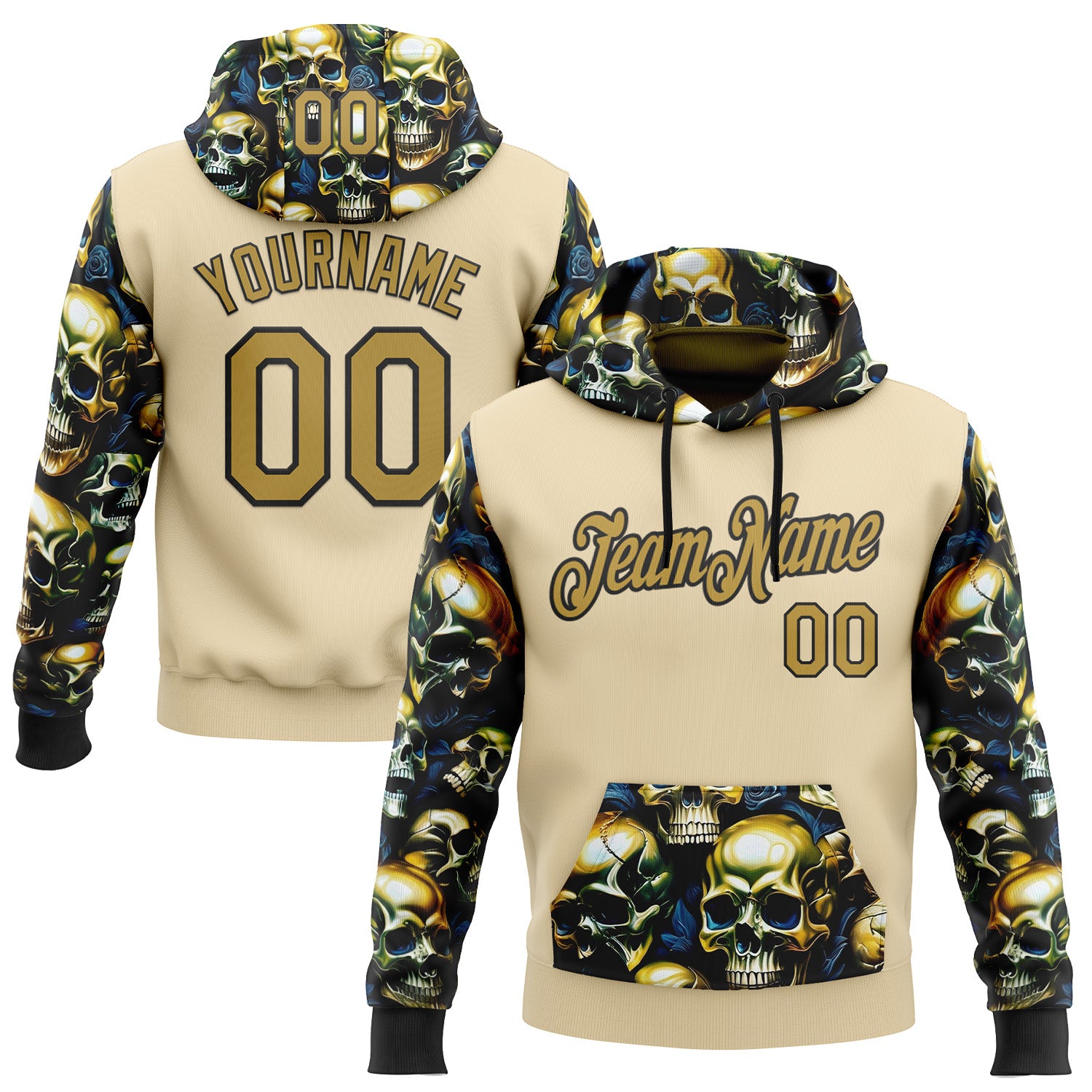 Custom City Cream Old Gold-Black 3D Skull Metal Sports Pullover Sweatshirt Hoodie