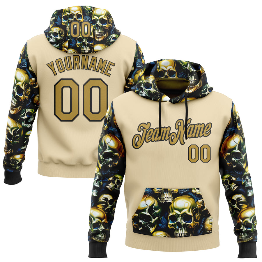 Custom City Cream Old Gold-Black 3D Skull Metal Sports Pullover Sweatshirt Hoodie