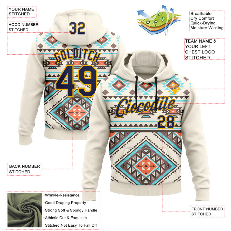 Custom Stitched Cream Navy Blue Orange Gray-Gold 3D Mexico Aztec Pattern Sports Pullover Sweatshirt Hoodie