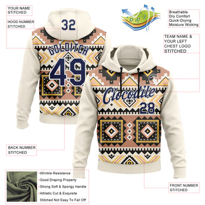 Custom Stitched Cream Navy Gray Yellow-White 3D Mexico Aztec Pattern Sports Pullover Sweatshirt Hoodie
