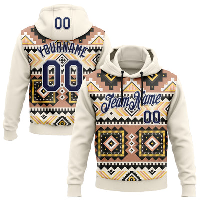 Custom Stitched Cream Navy Gray Yellow-White 3D Mexico Aztec Pattern Sports Pullover Sweatshirt Hoodie