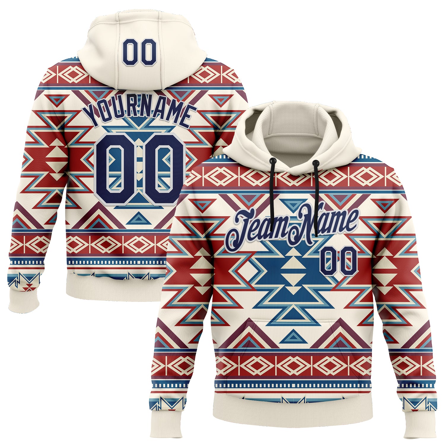 Custom Stitched Cream Navy Red Blue-White 3D Mexico Aztec Pattern Sports Pullover Sweatshirt Hoodie