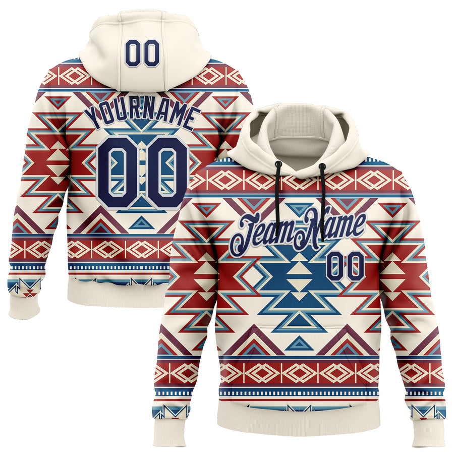 Custom Stitched Cream Navy Red Blue-White 3D Mexico Aztec Pattern Sports Pullover Sweatshirt Hoodie