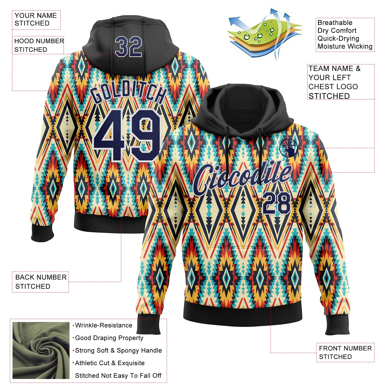 Custom Stitched Black Navy Blue Red Yellow-White 3D Mexico Aztec Pattern Sports Pullover Sweatshirt Hoodie