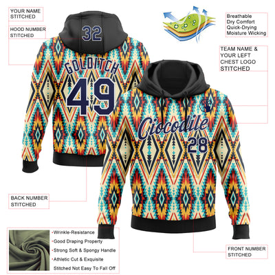 Custom Stitched Black Navy Blue Red Yellow-White 3D Mexico Aztec Pattern Sports Pullover Sweatshirt Hoodie