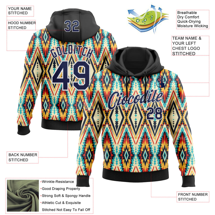 Custom Stitched Black Navy Blue Red Yellow-White 3D Mexico Aztec Pattern Sports Pullover Sweatshirt Hoodie