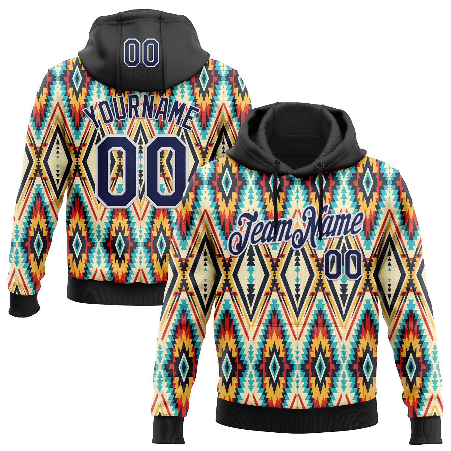 Custom Stitched Black Navy Blue Red Yellow-White 3D Mexico Aztec Pattern Sports Pullover Sweatshirt Hoodie