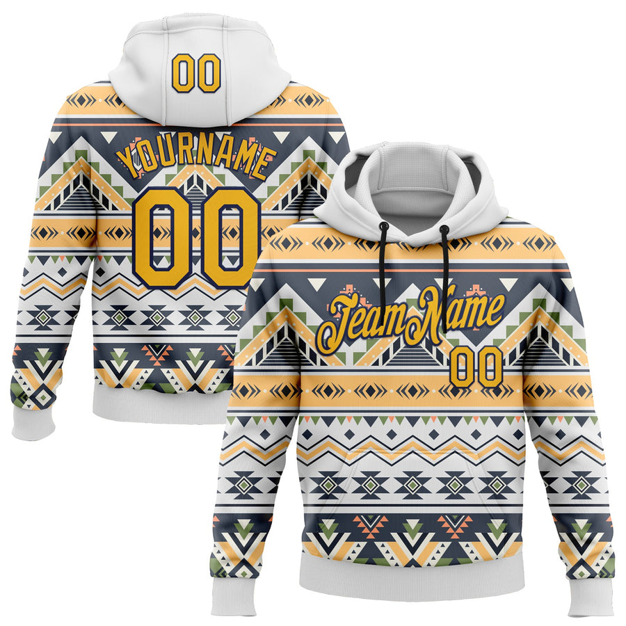 Custom Stitched White Gold Gray Green-Navy 3D Mexico Aztec Pattern Sports Pullover Sweatshirt Hoodie