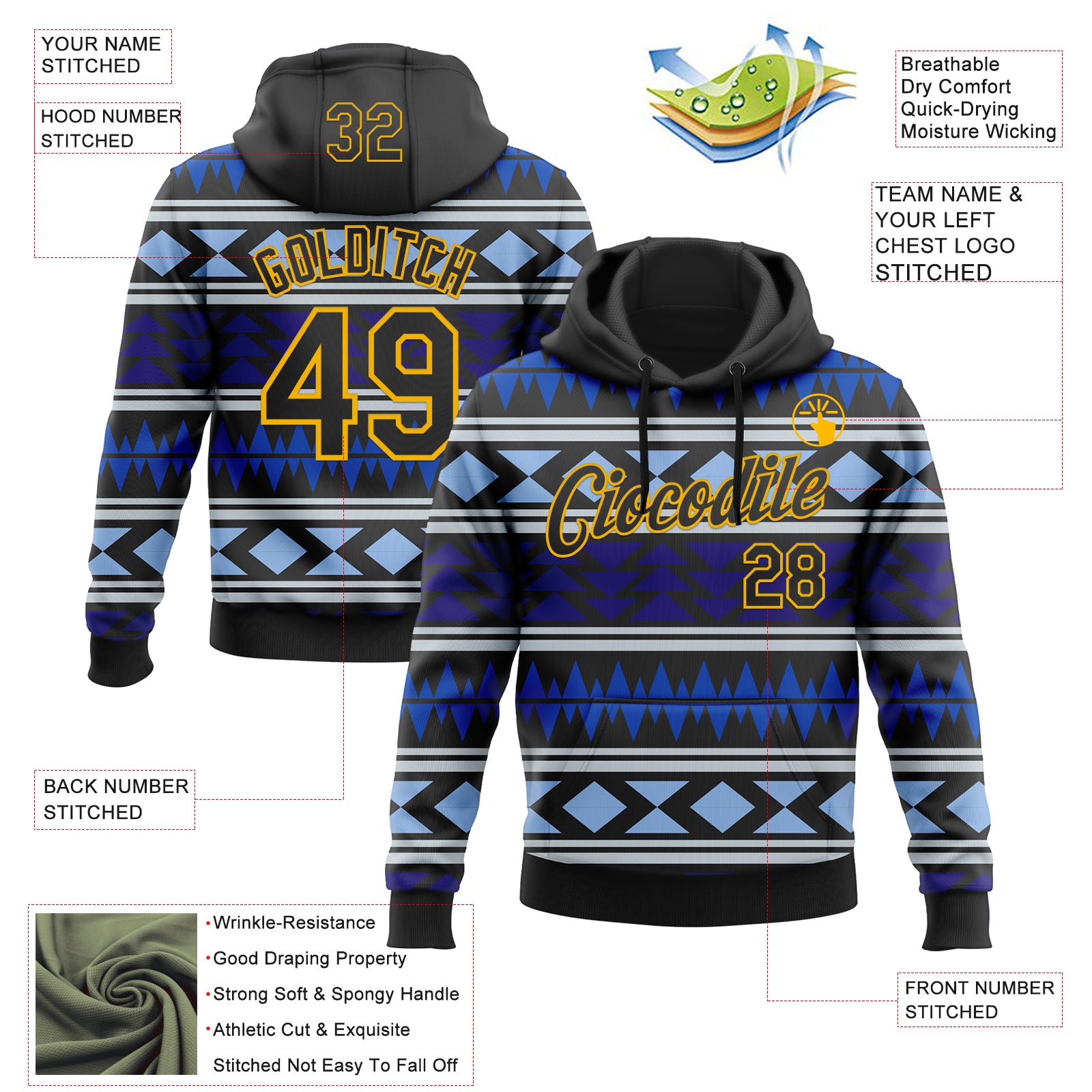 Custom Stitched Black Blue-Gold 3D Mexico Aztec Pattern Sports Pullover Sweatshirt Hoodie