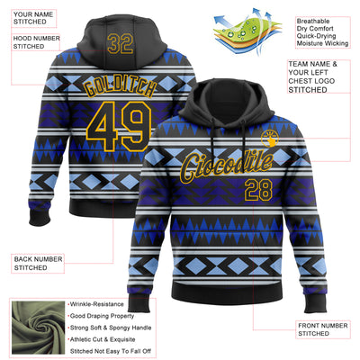 Custom Stitched Black Blue-Gold 3D Mexico Aztec Pattern Sports Pullover Sweatshirt Hoodie