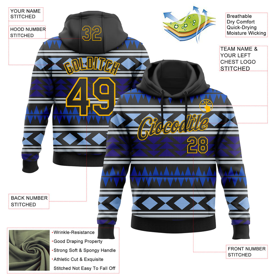 Custom Stitched Black Blue-Gold 3D Mexico Aztec Pattern Sports Pullover Sweatshirt Hoodie