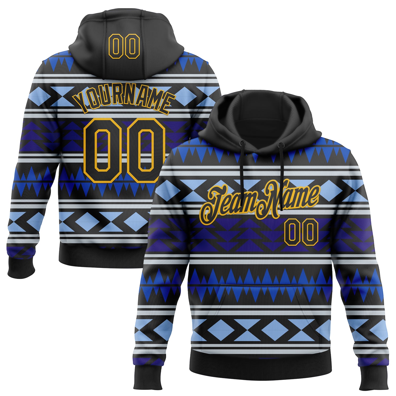 Custom Stitched Black Blue-Gold 3D Mexico Aztec Pattern Sports Pullover Sweatshirt Hoodie