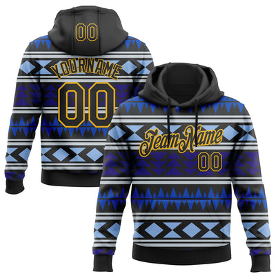 Custom Stitched Black Blue-Gold 3D Mexico Aztec Pattern Sports Pullover Sweatshirt Hoodie