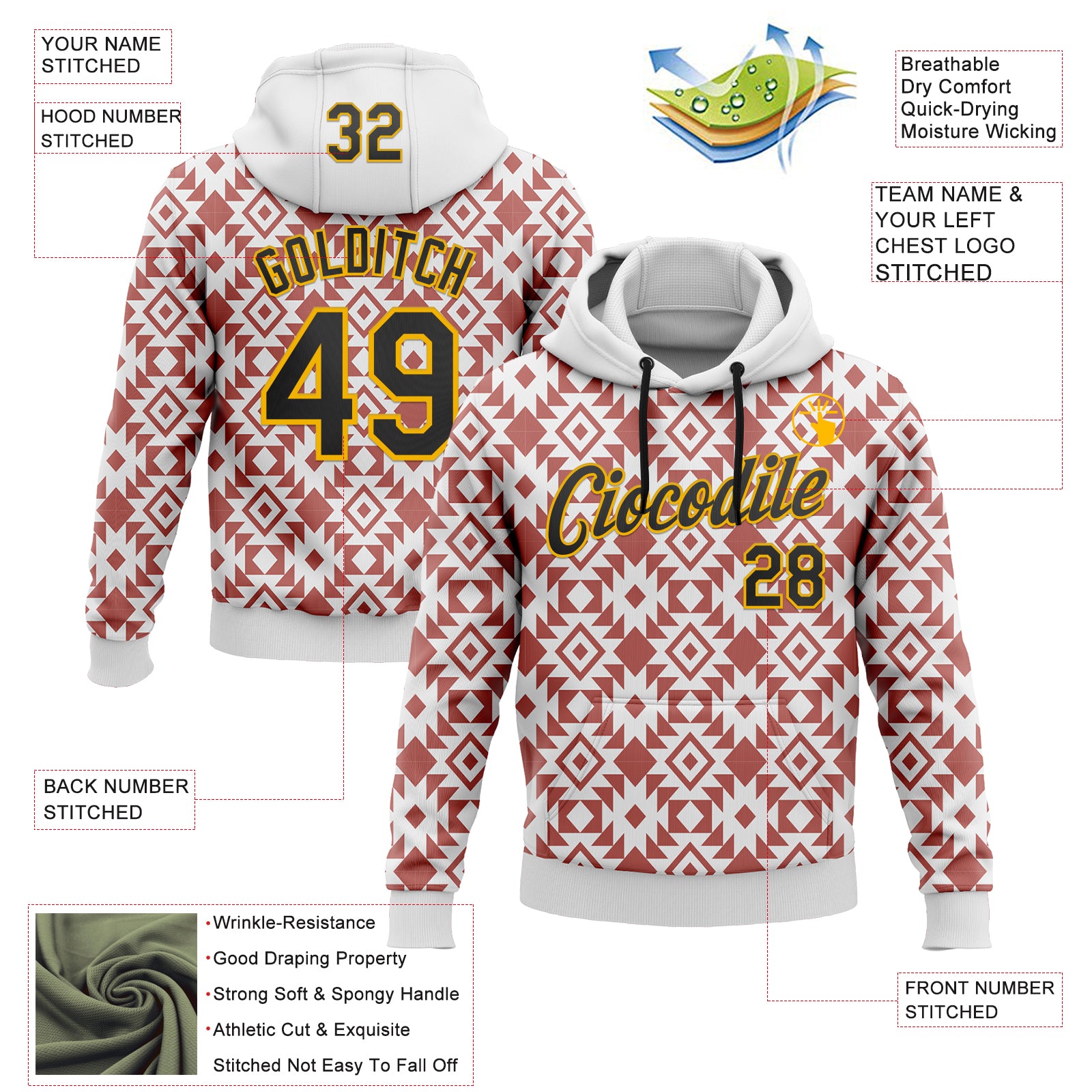 Custom Stitched White Black Red-Gold 3D Mexico Aztec Pattern Sports Pullover Sweatshirt Hoodie
