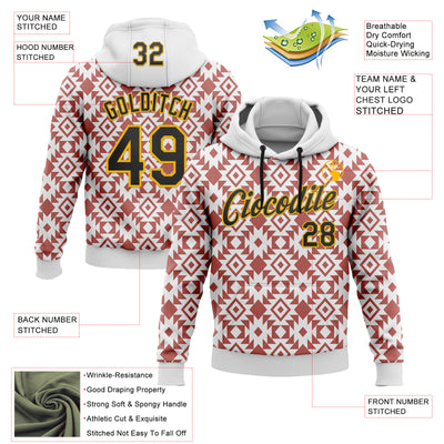 Custom Stitched White Black Red-Gold 3D Mexico Aztec Pattern Sports Pullover Sweatshirt Hoodie